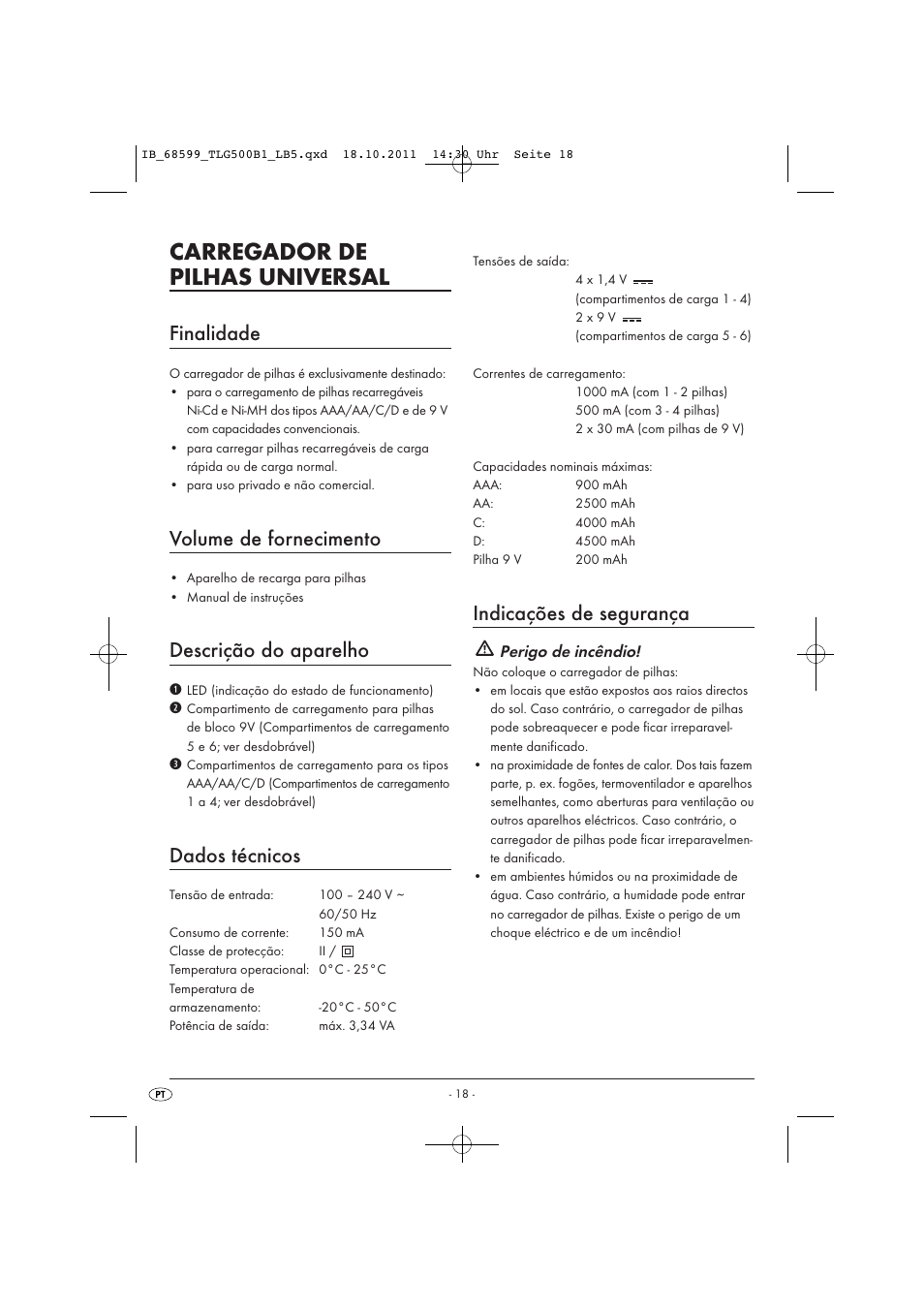 Carregador de pilhas universal, Finalidade, Volume de fornecimento | Descrição do aparelho, Dados técnicos, Indicações de segurança, Perigo de incêndio | Tronic TLG 500 B1 User Manual | Page 20 / 42