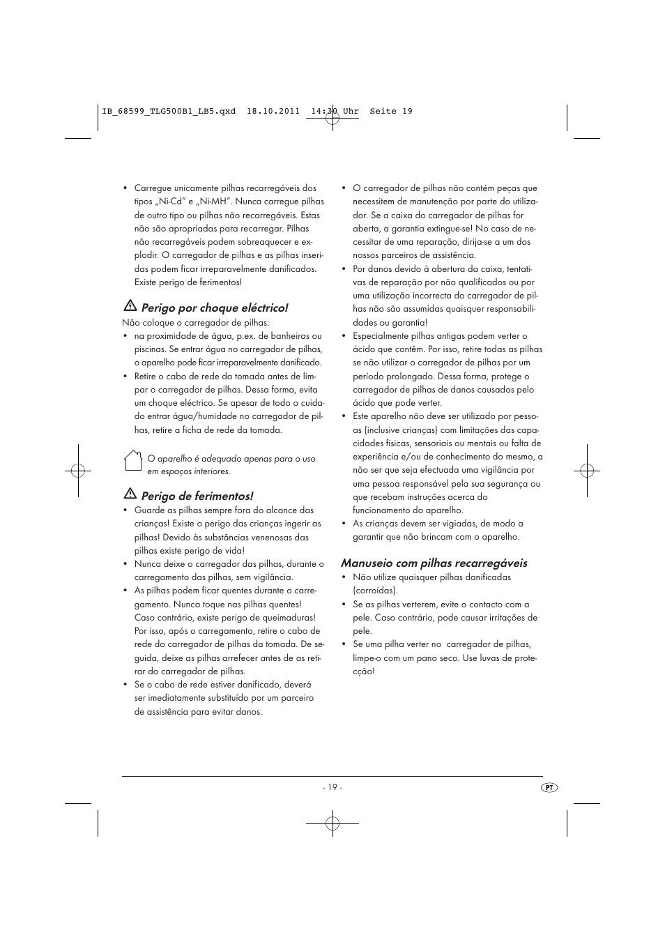 Perigo por choque eléctrico, Perigo de ferimentos, Manuseio com pilhas recarregáveis | Tronic TLG 500 B1 User Manual | Page 21 / 42