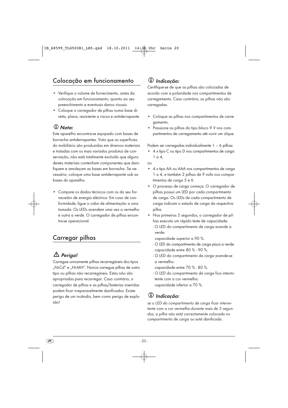 Colocação em funcionamento, Carregar pilhas, Nota | Perigo, Indicação | Tronic TLG 500 B1 User Manual | Page 22 / 42