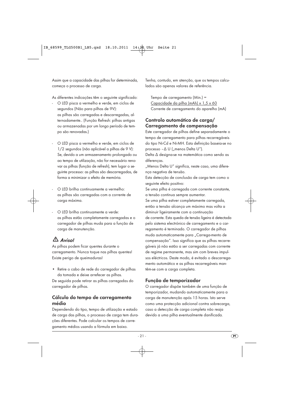 Aviso, Cálculo do tempo de carregamento médio, Função de temporizador | Tronic TLG 500 B1 User Manual | Page 23 / 42