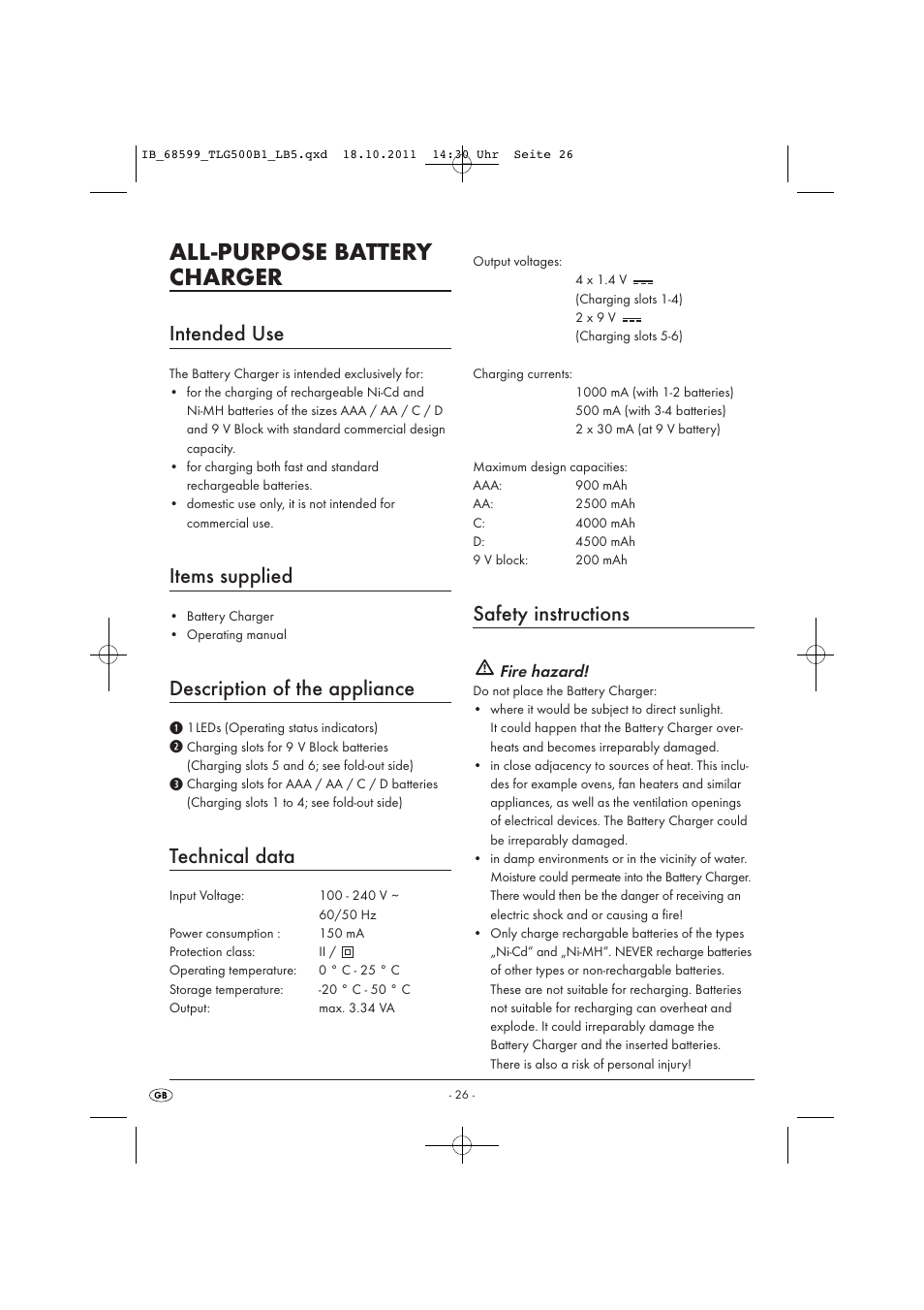 All-purpose battery charger, Intended use, Items supplied | Description of the appliance, Technical data, Safety instructions | Tronic TLG 500 B1 User Manual | Page 28 / 42