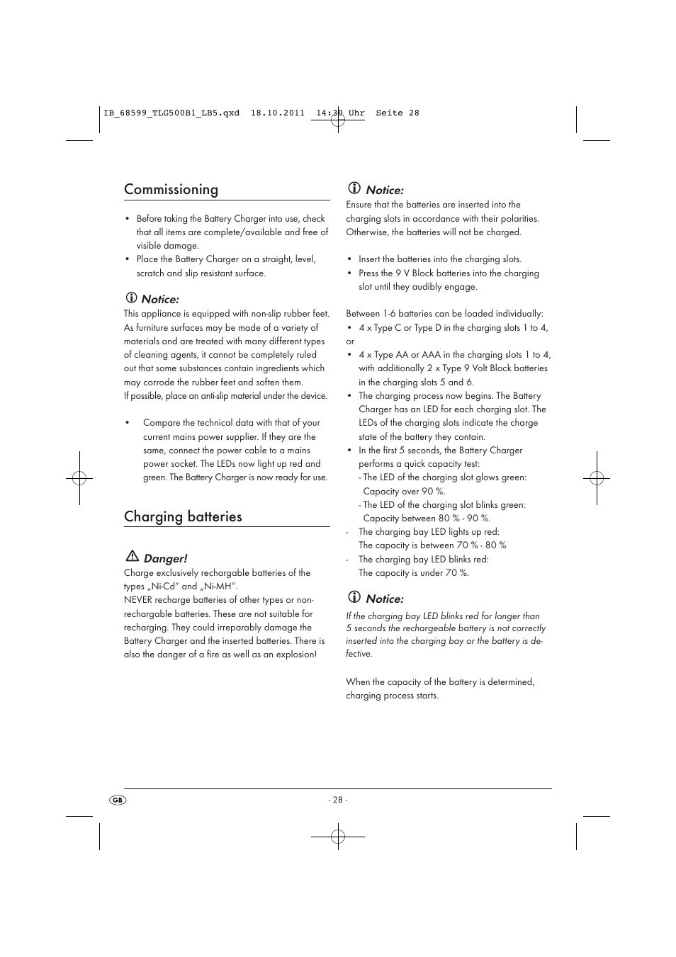 Commissioning, Charging batteries, Notice | Danger | Tronic TLG 500 B1 User Manual | Page 30 / 42