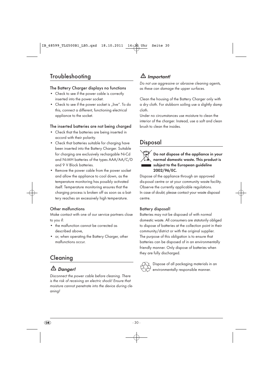 Troubleshooting, Cleaning, Disposal | Danger, Important | Tronic TLG 500 B1 User Manual | Page 32 / 42