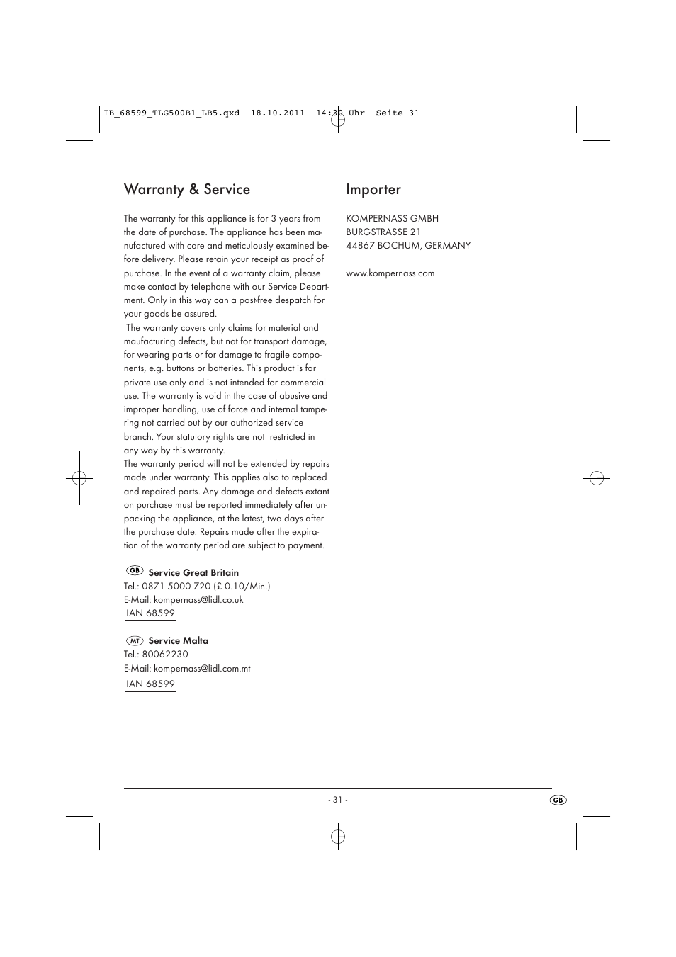 Warranty & service, Importer | Tronic TLG 500 B1 User Manual | Page 33 / 42