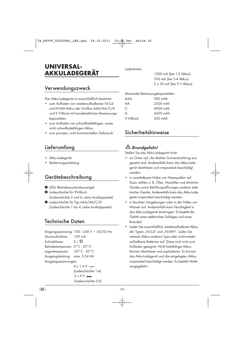 Universal- akkuladegerät, Verwendungszweck, Lieferumfang | Gerätebeschreibung, Technische daten, Sicherheitshinweise, Brandgefahr | Tronic TLG 500 B1 User Manual | Page 36 / 42