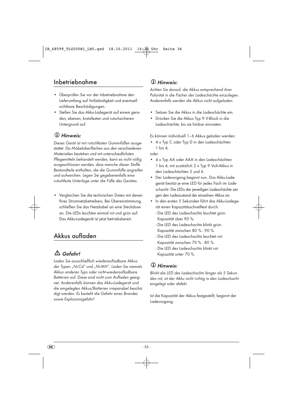 Inbetriebnahme, Akkus aufladen, Hinweis | Gefahr | Tronic TLG 500 B1 User Manual | Page 38 / 42