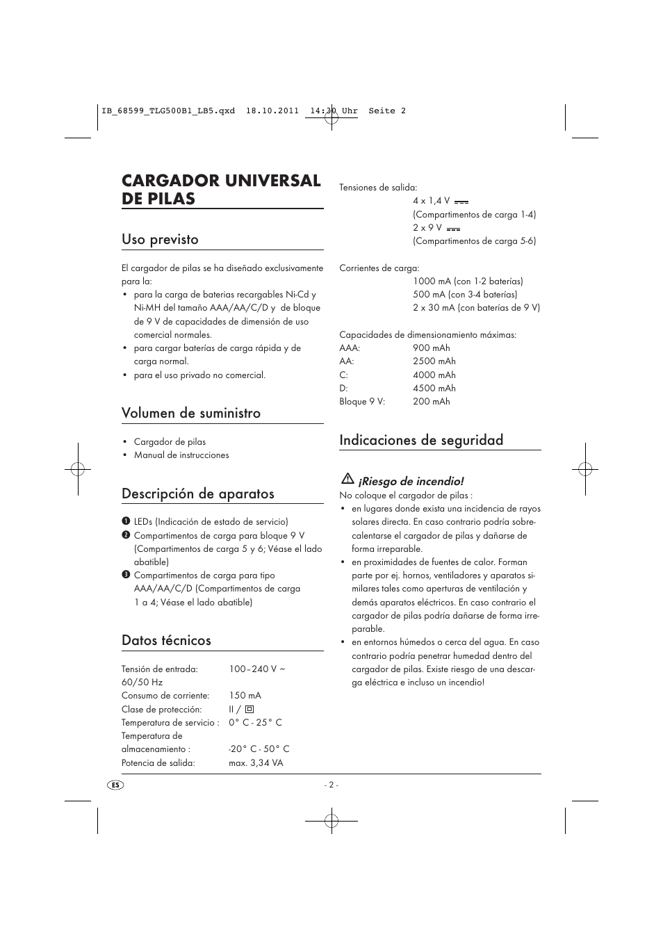 Cargador universal de pilas, Uso previsto, Volumen de suministro | Descripción de aparatos, Datos técnicos, Indicaciones de seguridad, Riesgo de incendio | Tronic TLG 500 B1 User Manual | Page 4 / 42