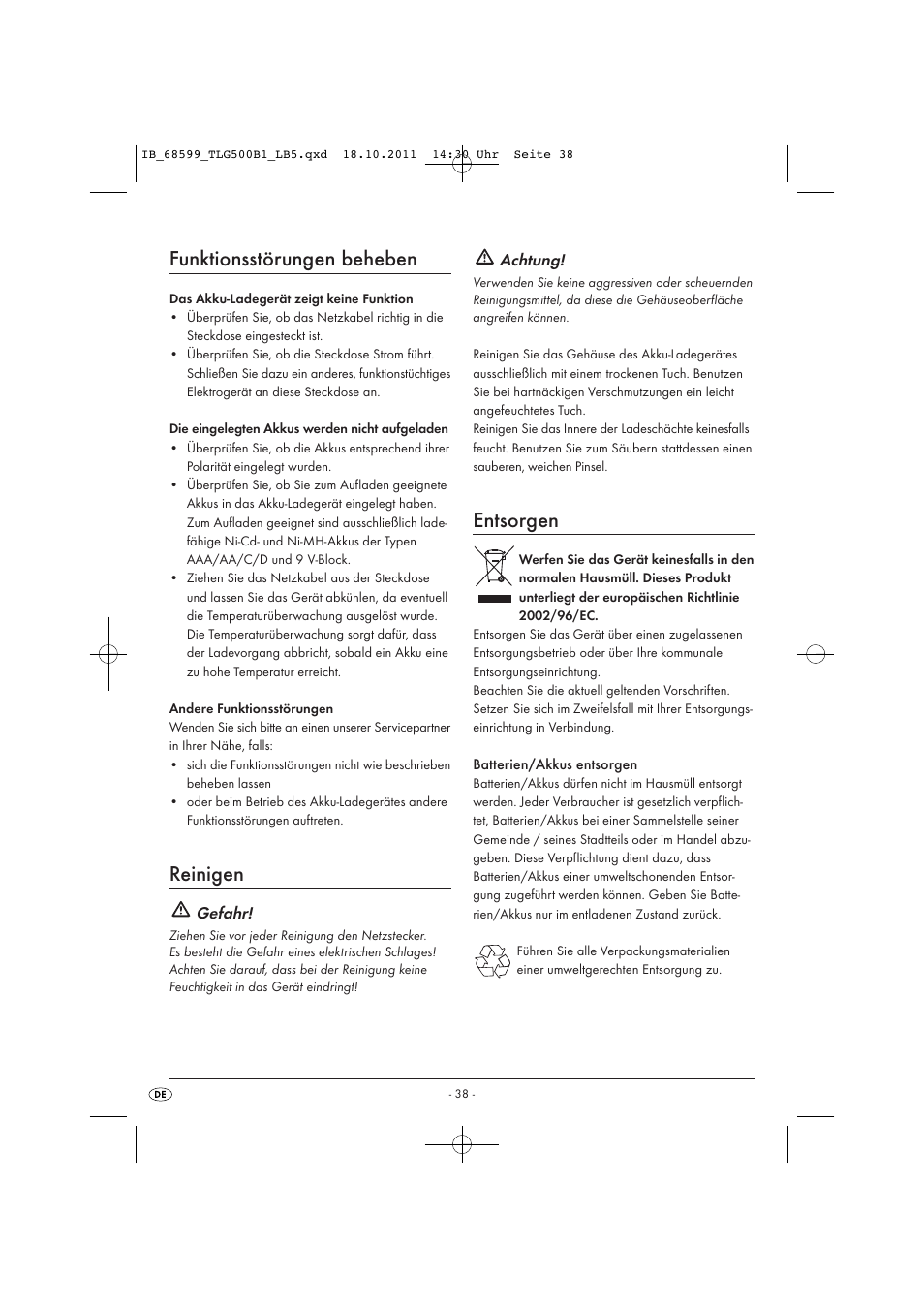 Funktionsstörungen beheben, Reinigen, Entsorgen | Gefahr, Achtung | Tronic TLG 500 B1 User Manual | Page 40 / 42