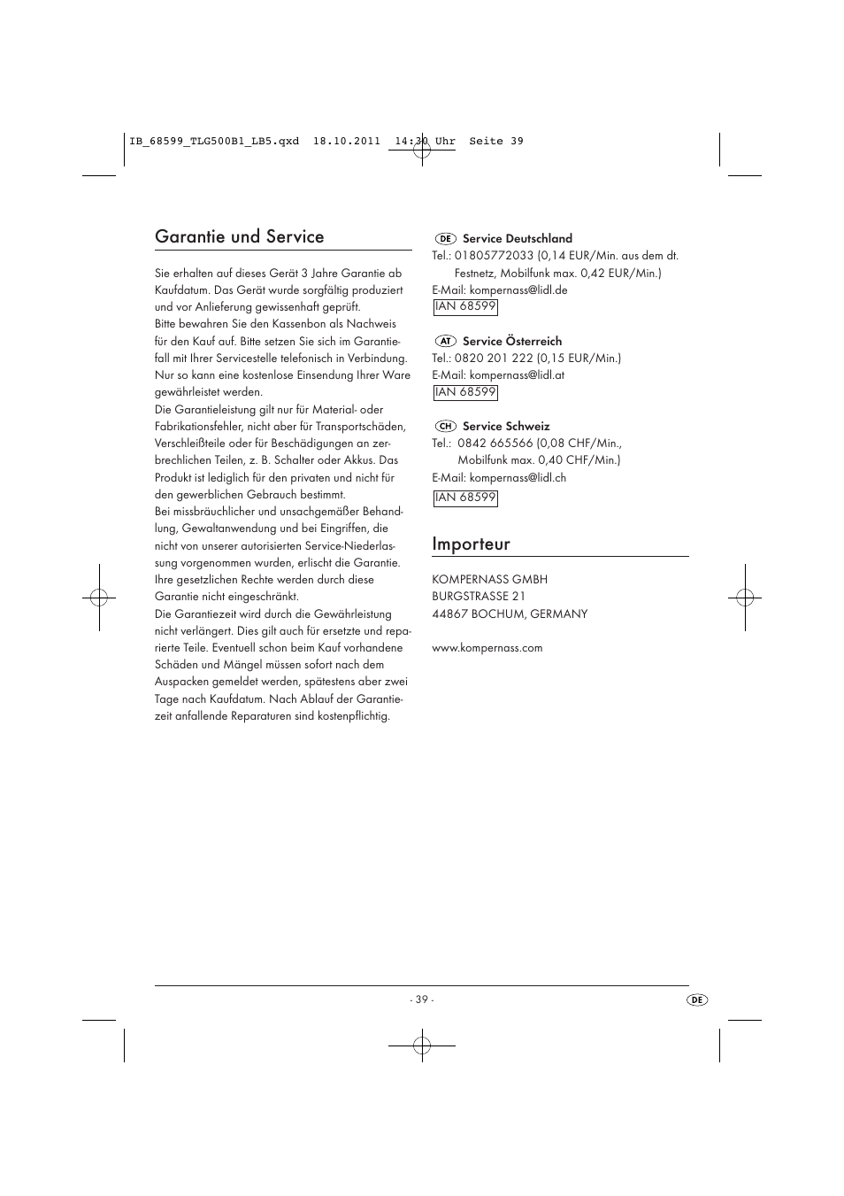 Garantie und service, Importeur | Tronic TLG 500 B1 User Manual | Page 41 / 42