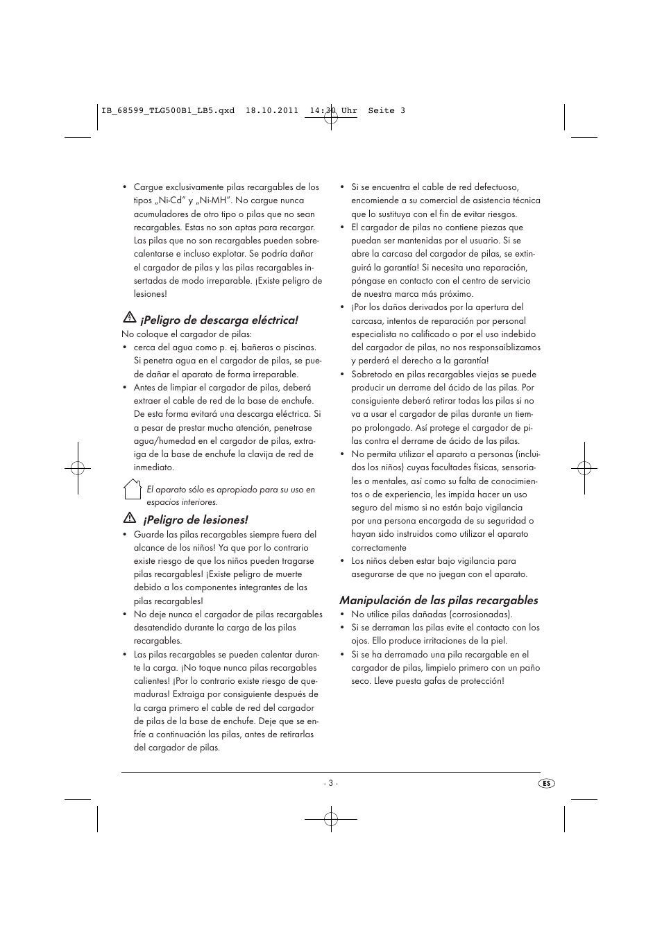 Peligro de descarga eléctrica, Peligro de lesiones, Manipulación de las pilas recargables | Tronic TLG 500 B1 User Manual | Page 5 / 42