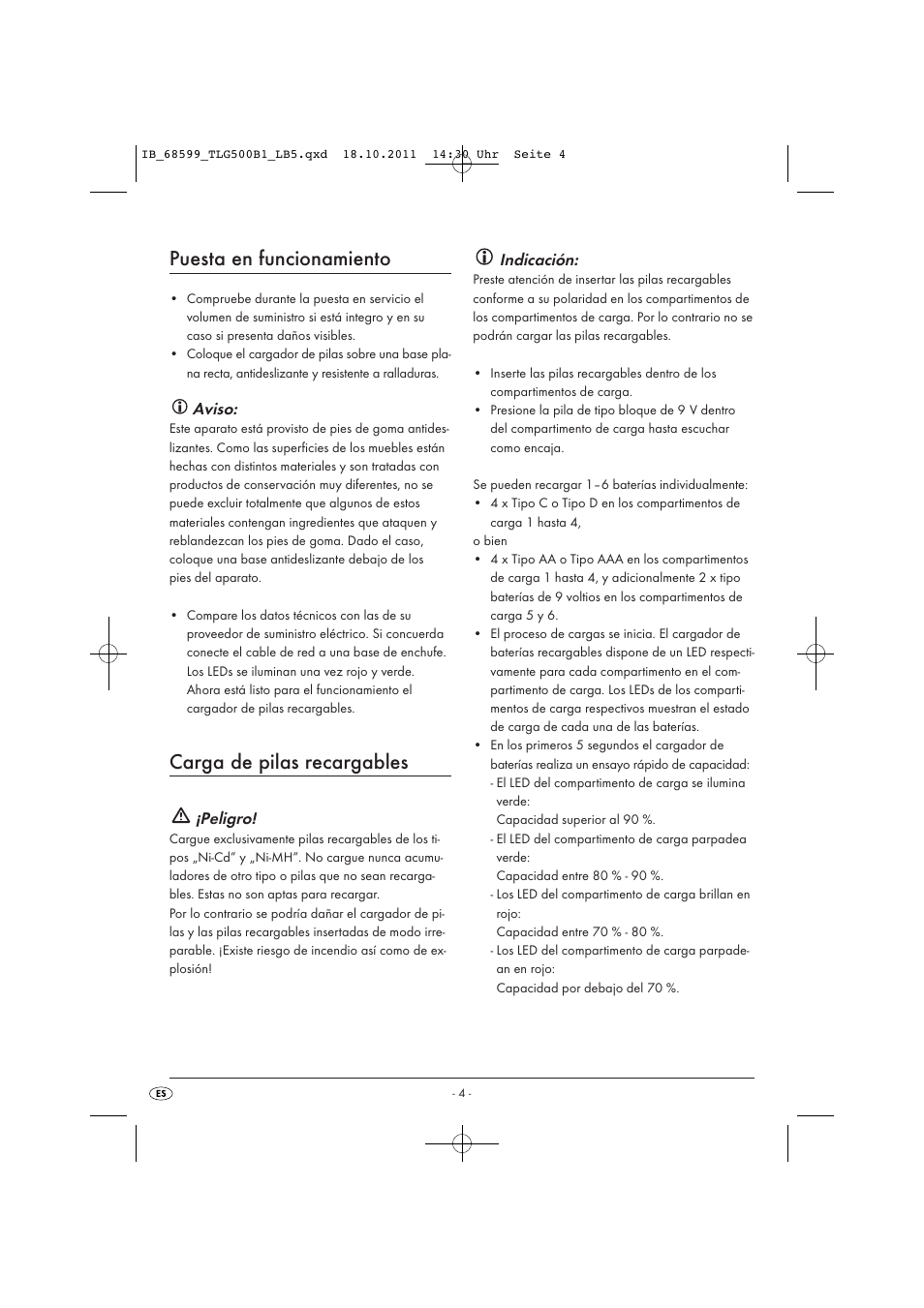 Puesta en funcionamiento, Carga de pilas recargables, Aviso | Peligro, Indicación | Tronic TLG 500 B1 User Manual | Page 6 / 42