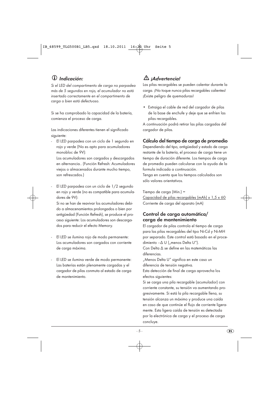 Indicación, Advertencia, Cálculo del tiempo de carga de promedio | Tronic TLG 500 B1 User Manual | Page 7 / 42