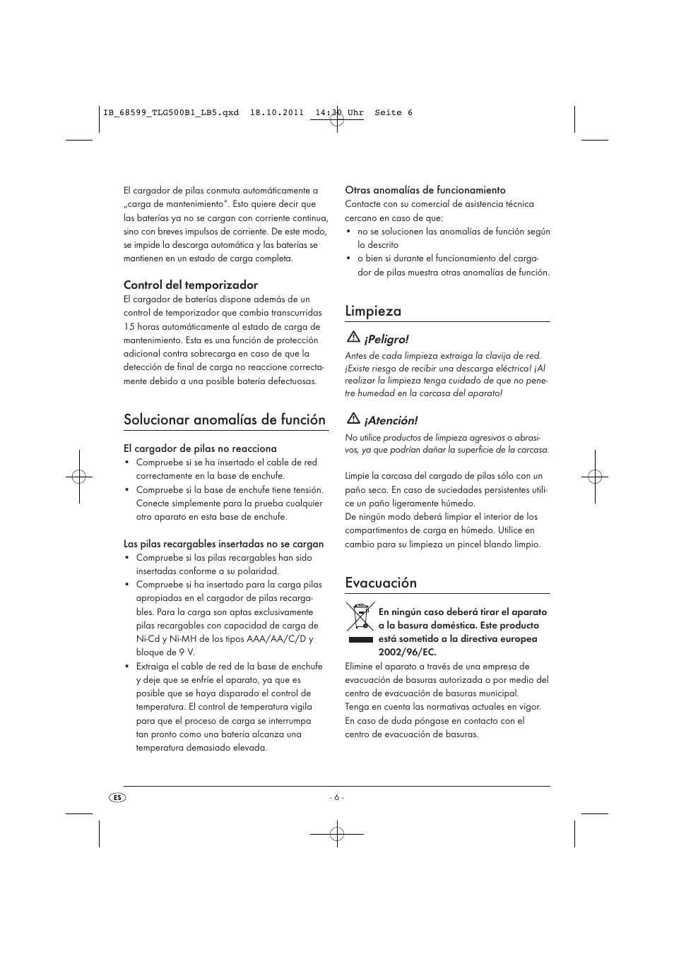 Solucionar anomalías de función, Limpieza, Evacuación | Tronic TLG 500 B1 User Manual | Page 8 / 42