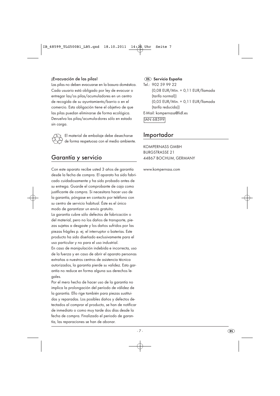 Garantía y servicio, Importador | Tronic TLG 500 B1 User Manual | Page 9 / 42