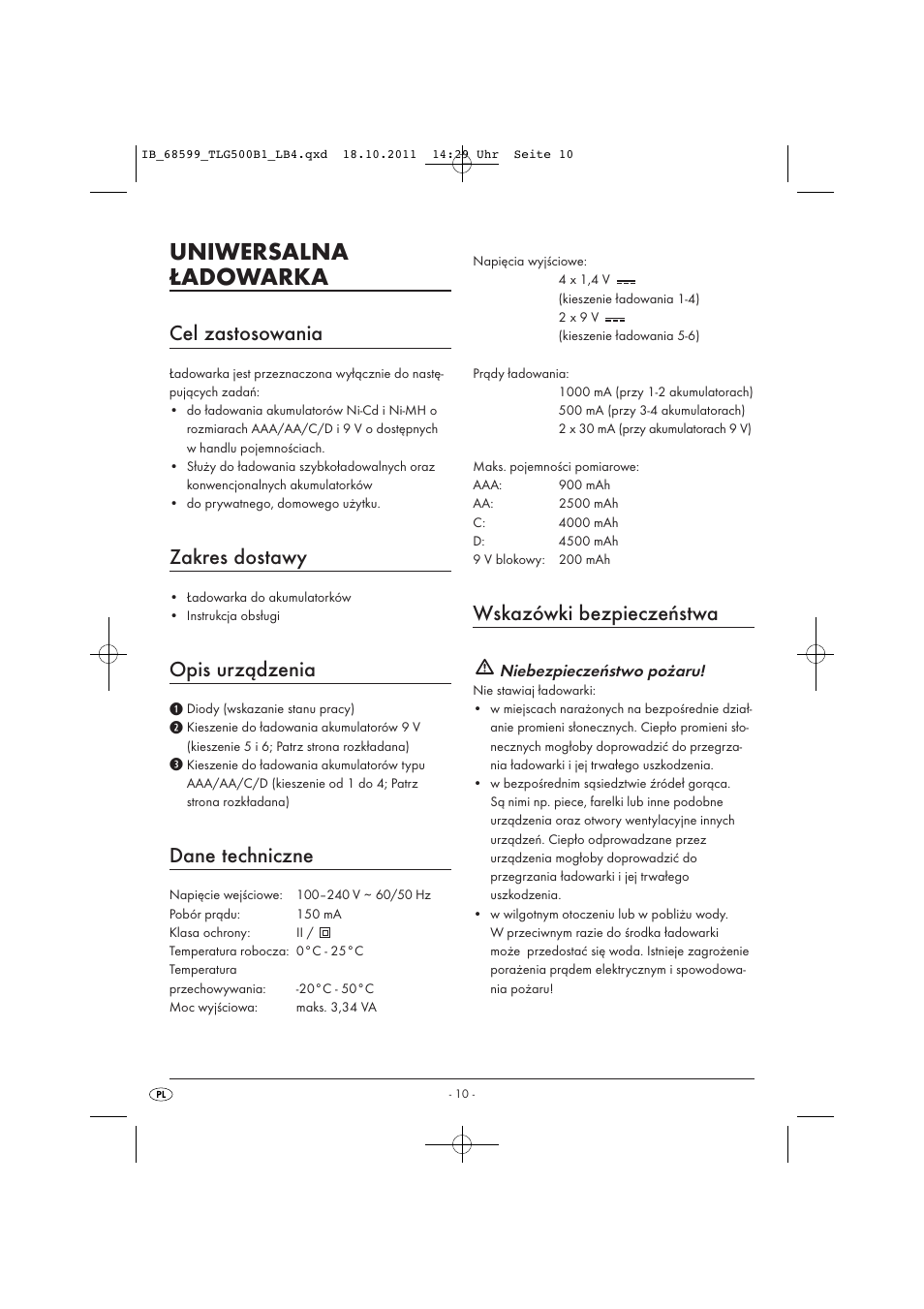 Uniwersalna ładowarka, Cel zastosowania, Zakres dostawy | Opis urządzenia, Dane techniczne, Wskazówki bezpieczeństwa | Tronic TLG 500 B1 User Manual | Page 12 / 57