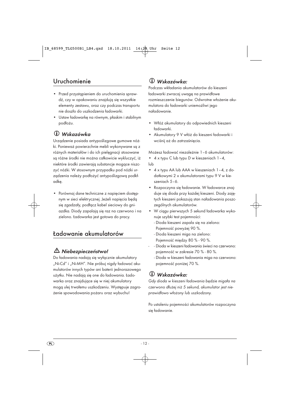 Uruchomienie, Ładowanie akumulatorów, Wskazówka | Niebezpieczeństwo | Tronic TLG 500 B1 User Manual | Page 14 / 57