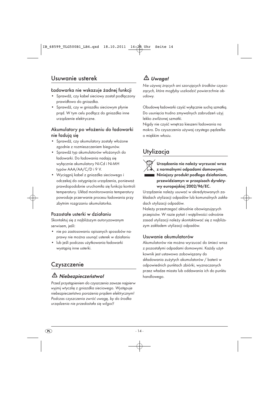 Usuwanie usterek, Czyszczenie, Utylizacja | Tronic TLG 500 B1 User Manual | Page 16 / 57