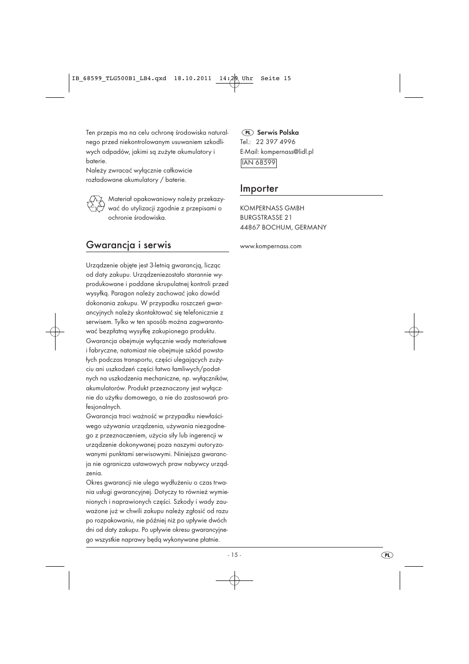 Gwarancja i serwis, Importer | Tronic TLG 500 B1 User Manual | Page 17 / 57