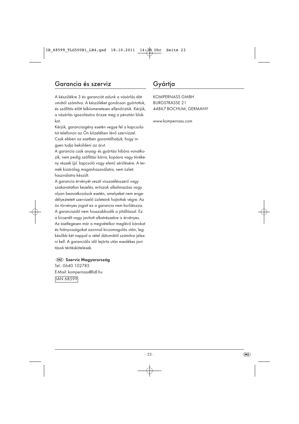 Garancia és szerviz, Gyártja | Tronic TLG 500 B1 User Manual | Page 25 / 57