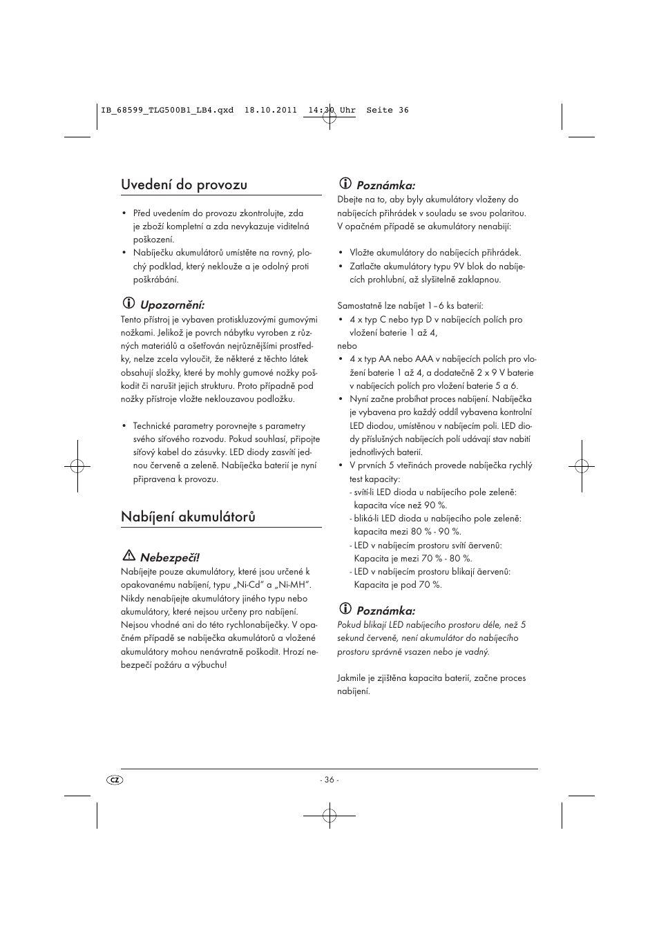 Uvedení do provozu, Nabíjení akumulátorů, Upozornění | Nebezpečí, Poznámka | Tronic TLG 500 B1 User Manual | Page 38 / 57