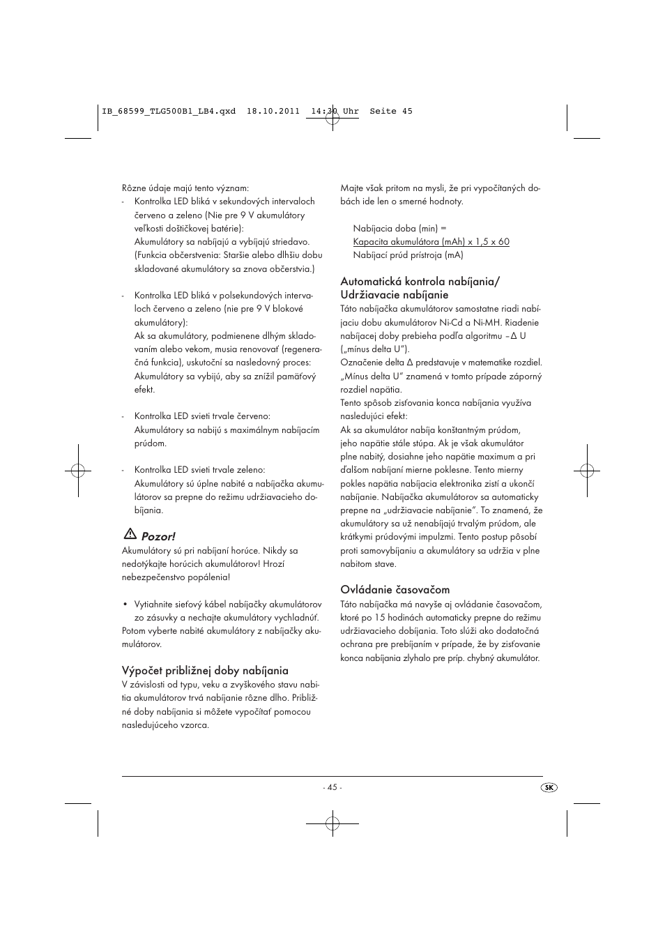 Pozor, Výpočet približnej doby nabíjania, Ovládanie časovačom | Tronic TLG 500 B1 User Manual | Page 47 / 57