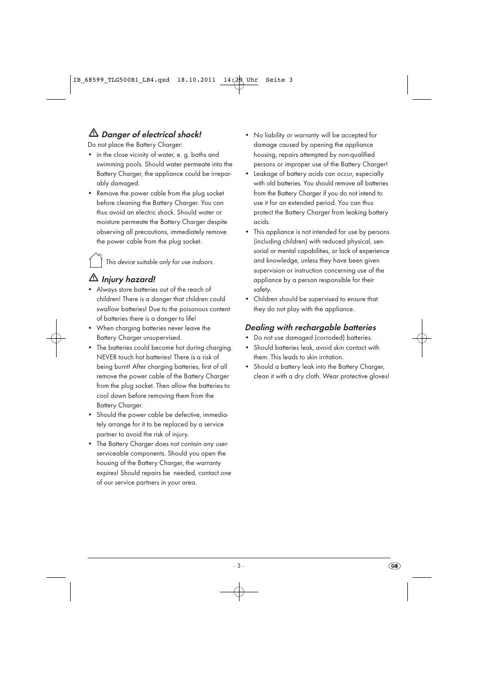 Danger of electrical shock, Injury hazard, Dealing with rechargable batteries | Tronic TLG 500 B1 User Manual | Page 5 / 57