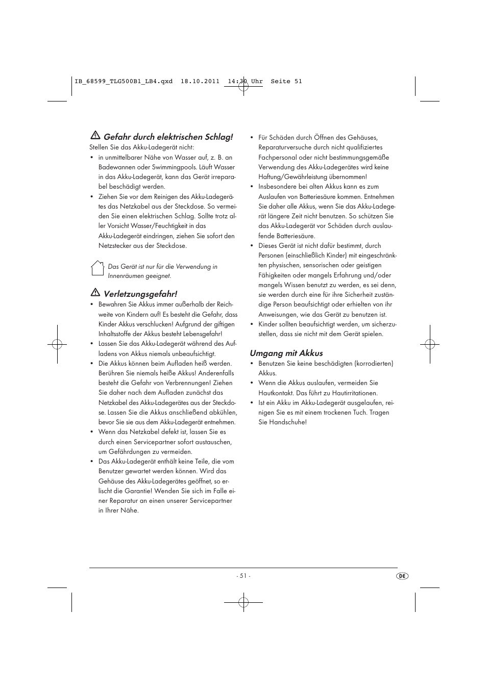 Gefahr durch elektrischen schlag, Verletzungsgefahr, Umgang mit akkus | Tronic TLG 500 B1 User Manual | Page 53 / 57