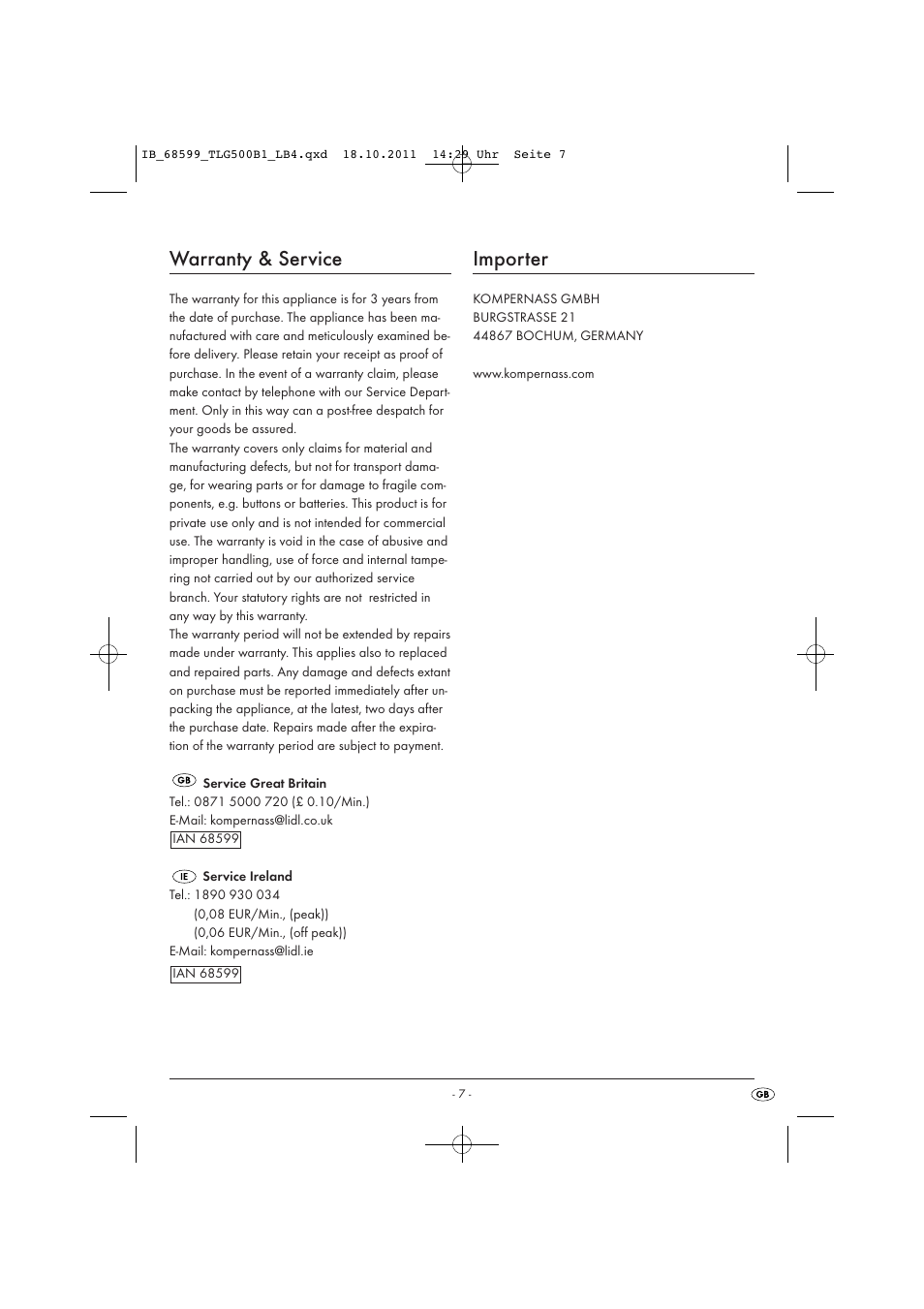 Warranty & service, Importer | Tronic TLG 500 B1 User Manual | Page 9 / 57