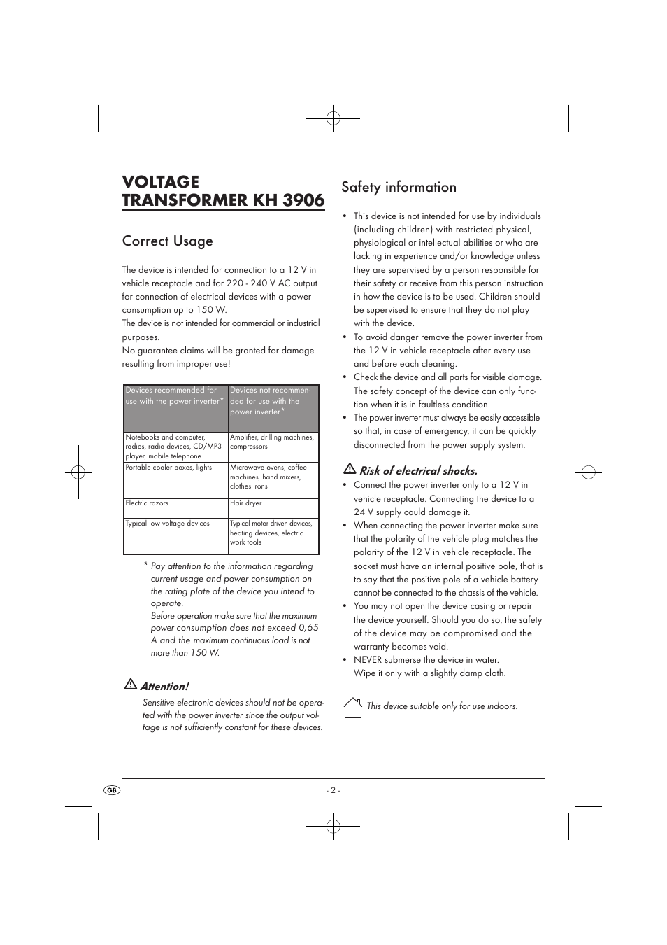 Voltage transformer kh 3906, Correct usage, Safety information | Attention, Risk of electrical shocks | Tronic KH 3906 User Manual | Page 4 / 10