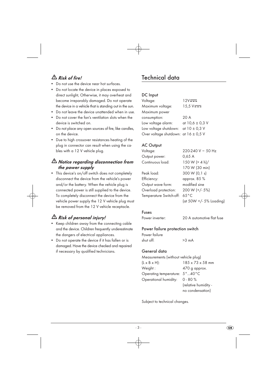 Technical data, Risk of fire, Risk of personal injury | Tronic KH 3906 User Manual | Page 5 / 10