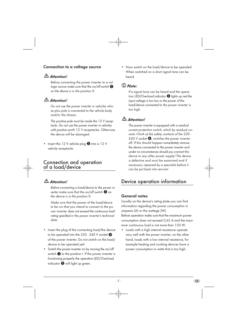 Connection and operation of a load/device, Device operation information | Tronic KH 3906 User Manual | Page 7 / 10