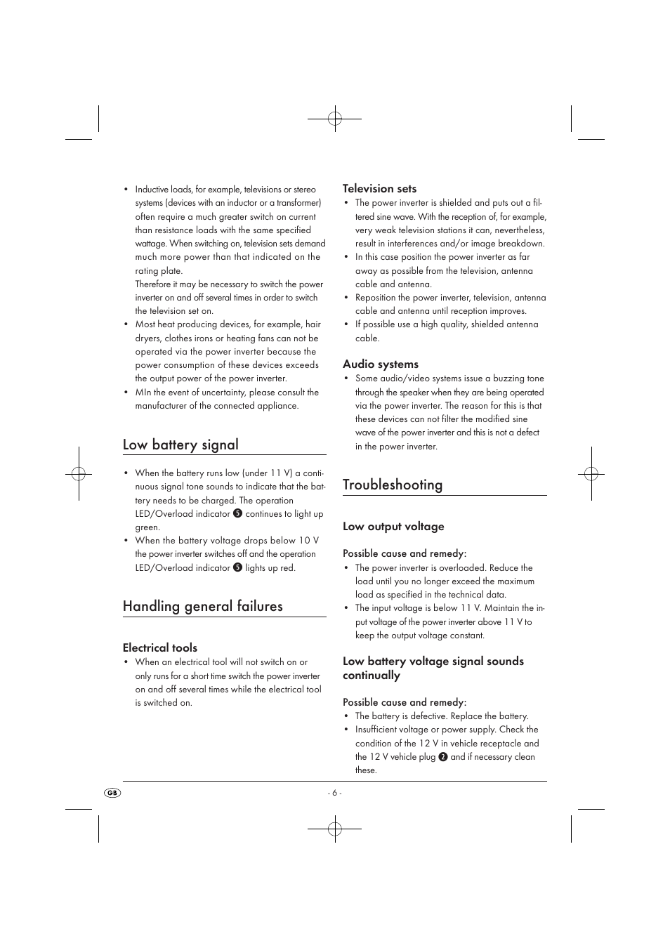 Low battery signal, Handling general failures, Troubleshooting | Tronic KH 3906 User Manual | Page 8 / 10
