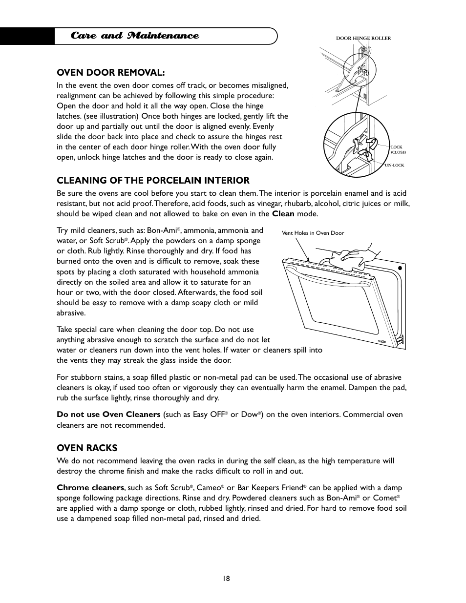 Care and maintenance, Oven door removal, Cleaning of the porcelain interior | Oven racks | DCS WO-227WT User Manual | Page 19 / 30