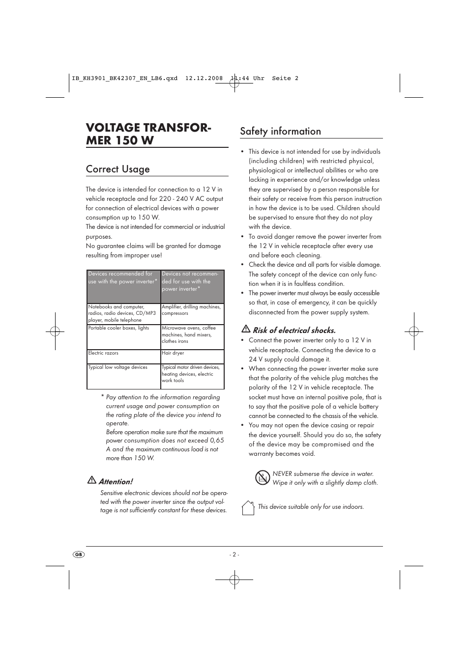 Voltage transfor- mer 150 w, Correct usage, Safety information | Attention, Risk of electrical shocks | Tronic KH 3901 User Manual | Page 4 / 10