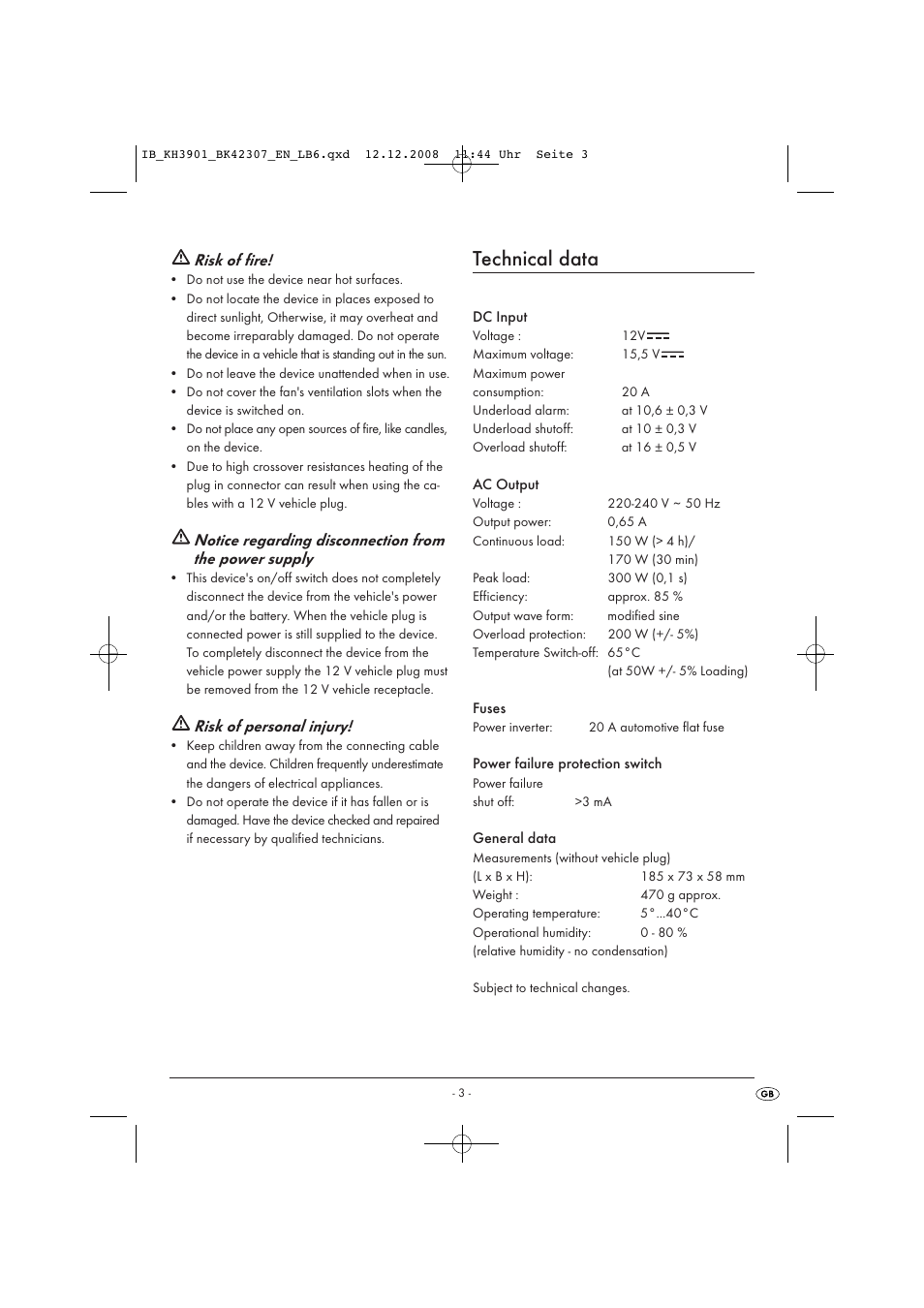 Technical data, Risk of fire, Risk of personal injury | Tronic KH 3901 User Manual | Page 5 / 10