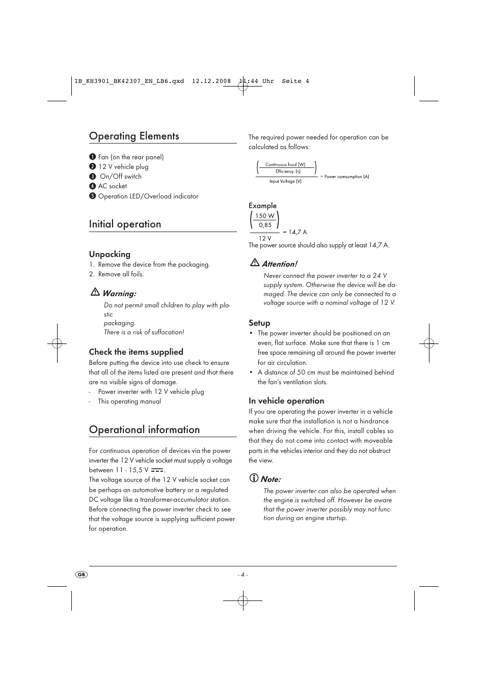 Operating elements, Initial operation, Operational information | Tronic KH 3901 User Manual | Page 6 / 10