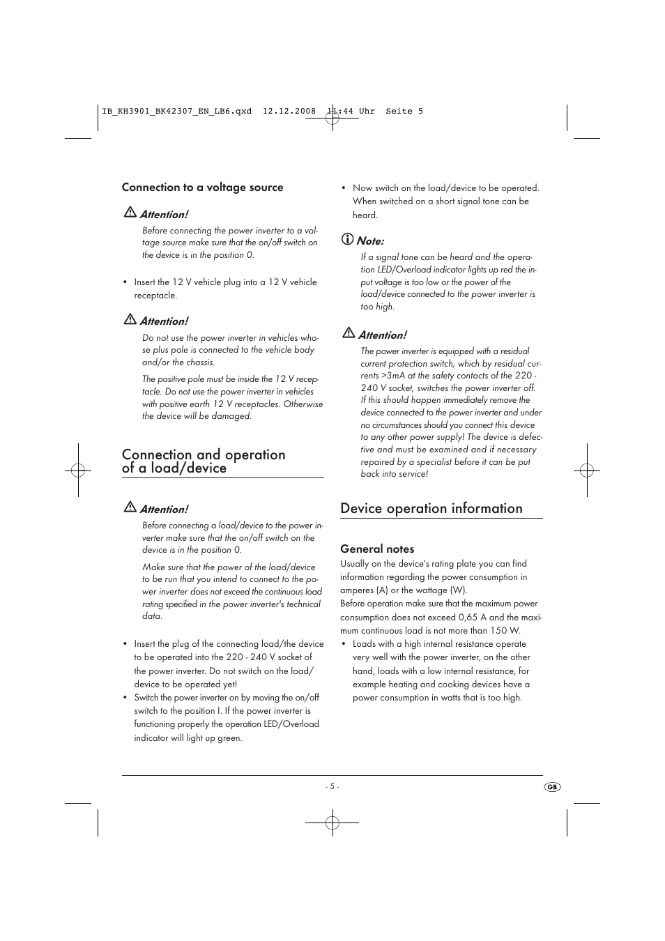 Connection and operation of a load/device, Device operation information | Tronic KH 3901 User Manual | Page 7 / 10