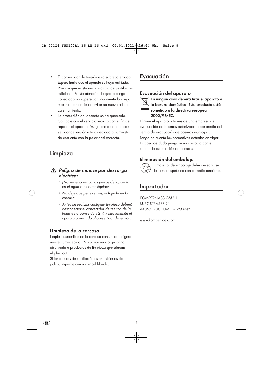 Limpieza, Evacuación, Importador | Tronic TSW 150 A1 User Manual | Page 10 / 42