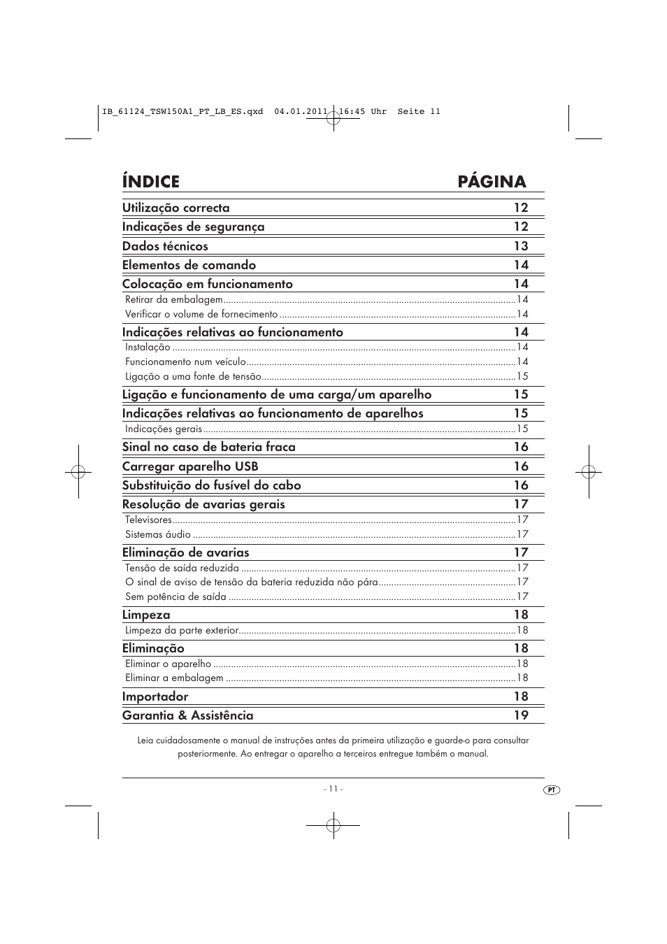 Índice página | Tronic TSW 150 A1 User Manual | Page 13 / 42