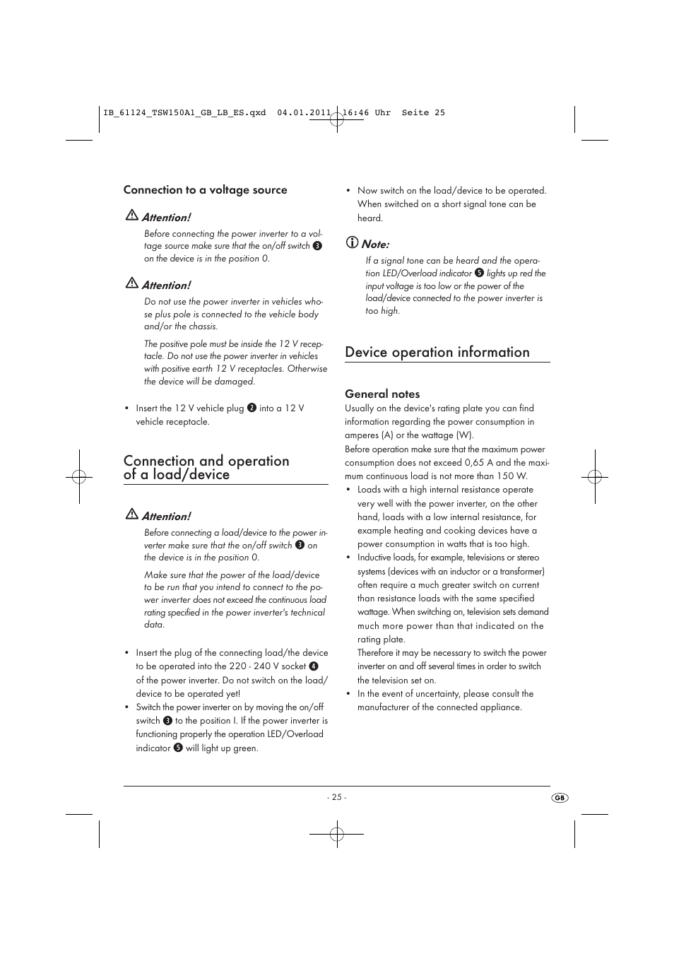 Connection and operation of a load/device, Device operation information | Tronic TSW 150 A1 User Manual | Page 27 / 42