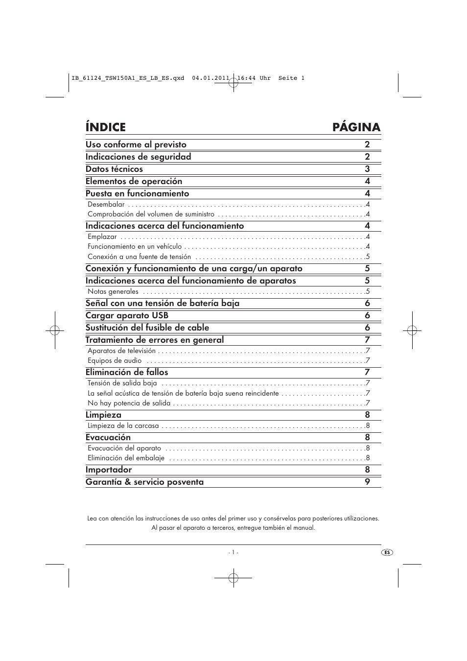 Índice página | Tronic TSW 150 A1 User Manual | Page 3 / 42