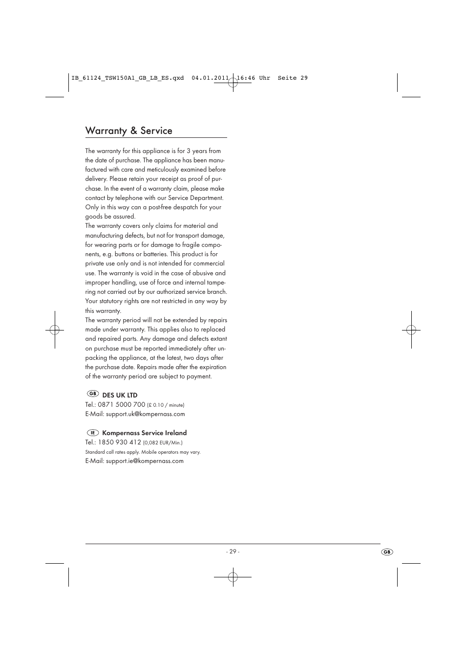 Warranty & service | Tronic TSW 150 A1 User Manual | Page 31 / 42