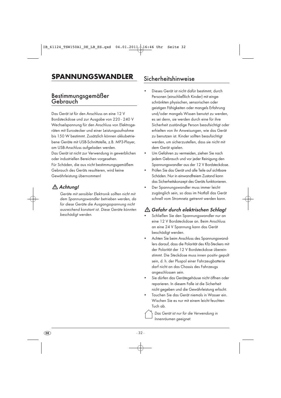 Spannungswandler, Bestimmungsgemäßer gebrauch, Sicherheitshinweise | Tronic TSW 150 A1 User Manual | Page 34 / 42