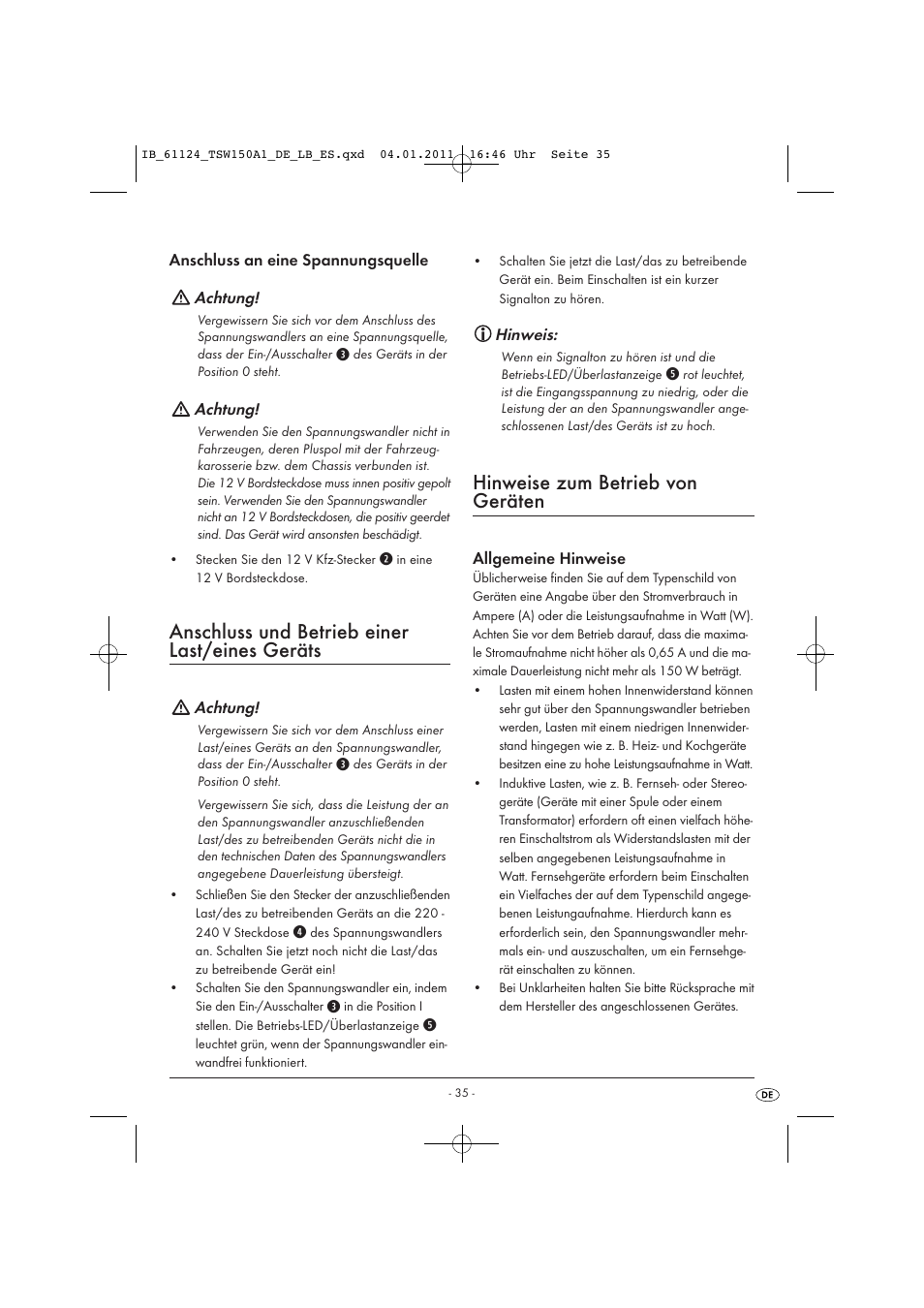 Anschluss und betrieb einer last/eines geräts, Hinweise zum betrieb von geräten | Tronic TSW 150 A1 User Manual | Page 37 / 42