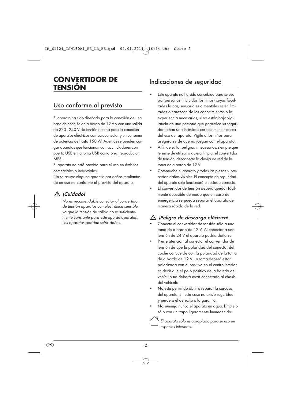 Convertidor de tensión, Uso conforme al previsto, Indicaciones de seguridad | Tronic TSW 150 A1 User Manual | Page 4 / 42