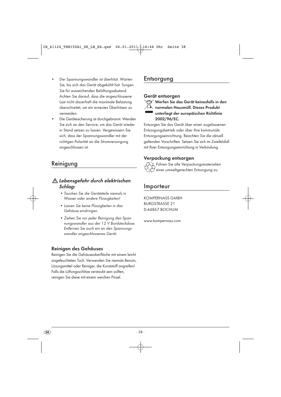 Reinigung, Entsorgung, Importeur | Tronic TSW 150 A1 User Manual | Page 40 / 42