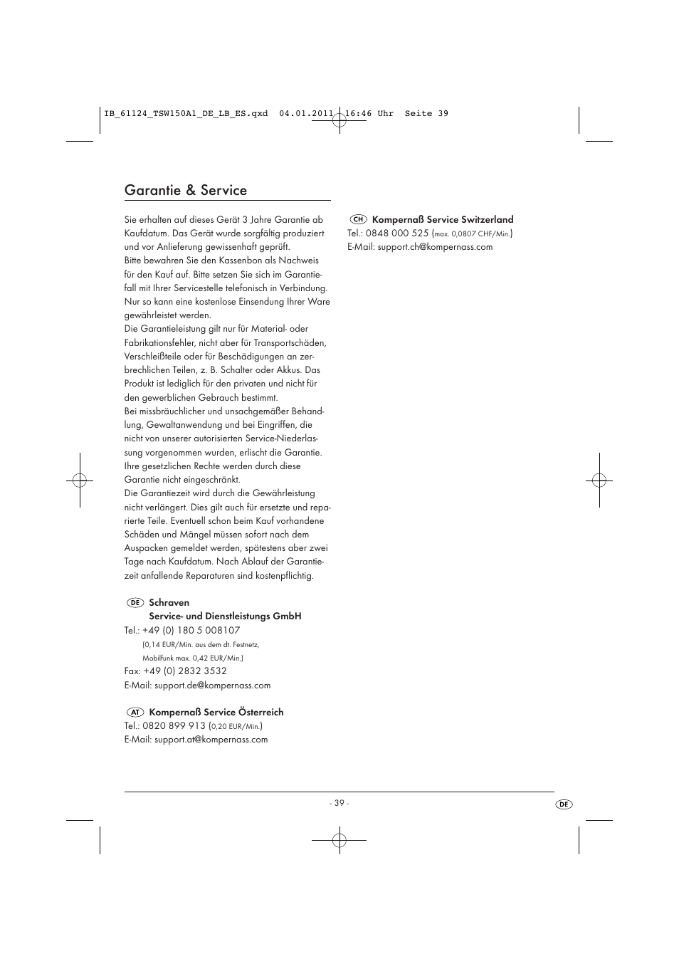 Garantie & service | Tronic TSW 150 A1 User Manual | Page 41 / 42