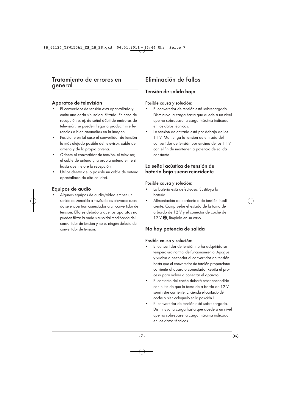 Tratamiento de errores en general, Eliminación de fallos | Tronic TSW 150 A1 User Manual | Page 9 / 42