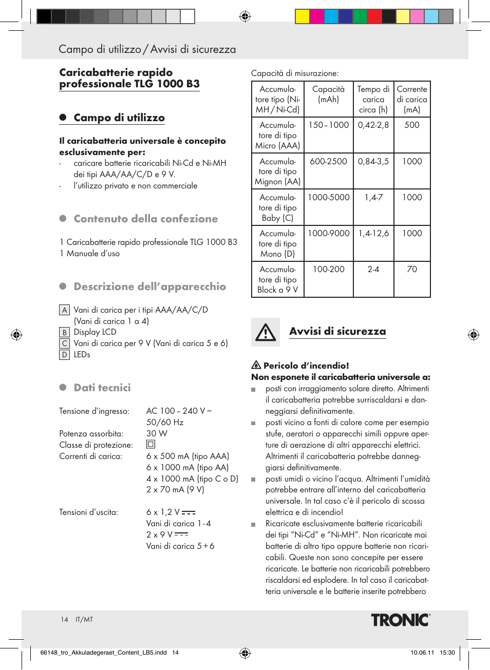 Campo di utilizzo / avvisi di sicurezza, Campo di utilizzo, Contenuto della confezione | Descrizione dell’apparecchio, Dati tecnici, Avvisi di sicurezza | Tronic TLG 1000 B3 User Manual | Page 10 / 39