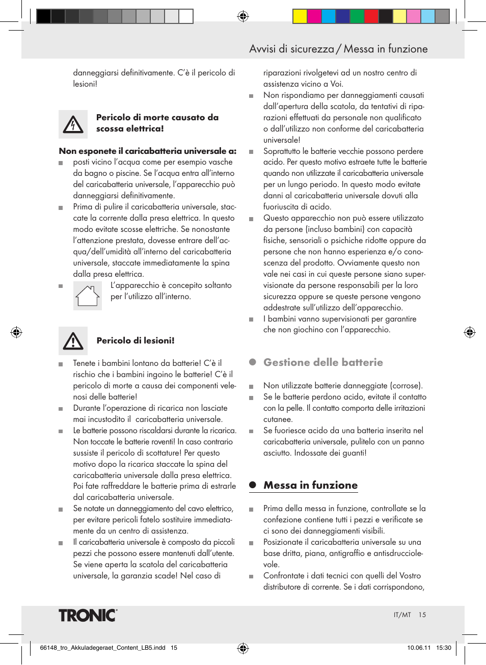 Avvisi di sicurezza / messa in funzione, Gestione delle batterie, Messa in funzione | Tronic TLG 1000 B3 User Manual | Page 11 / 39